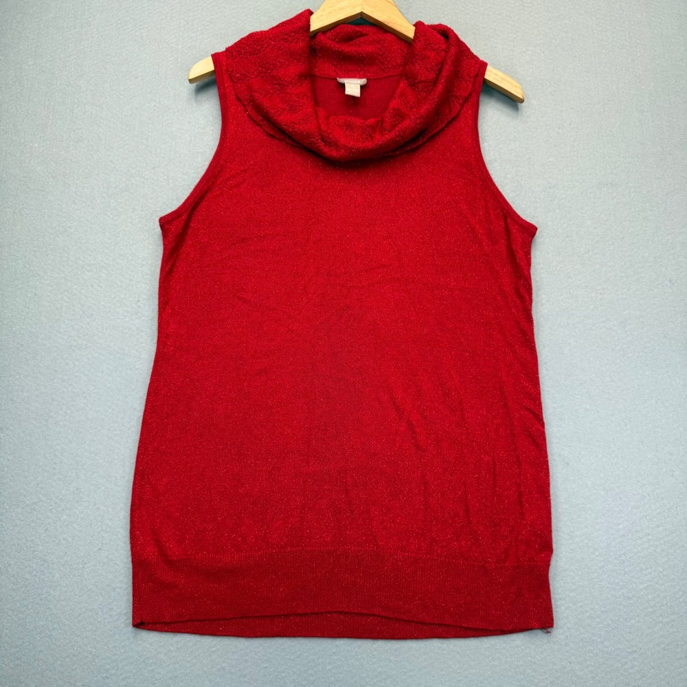 Chicos Red Metallic Cowl Neck Sleeveless Sweater Shell Size 3 Large XL Holiday‎
